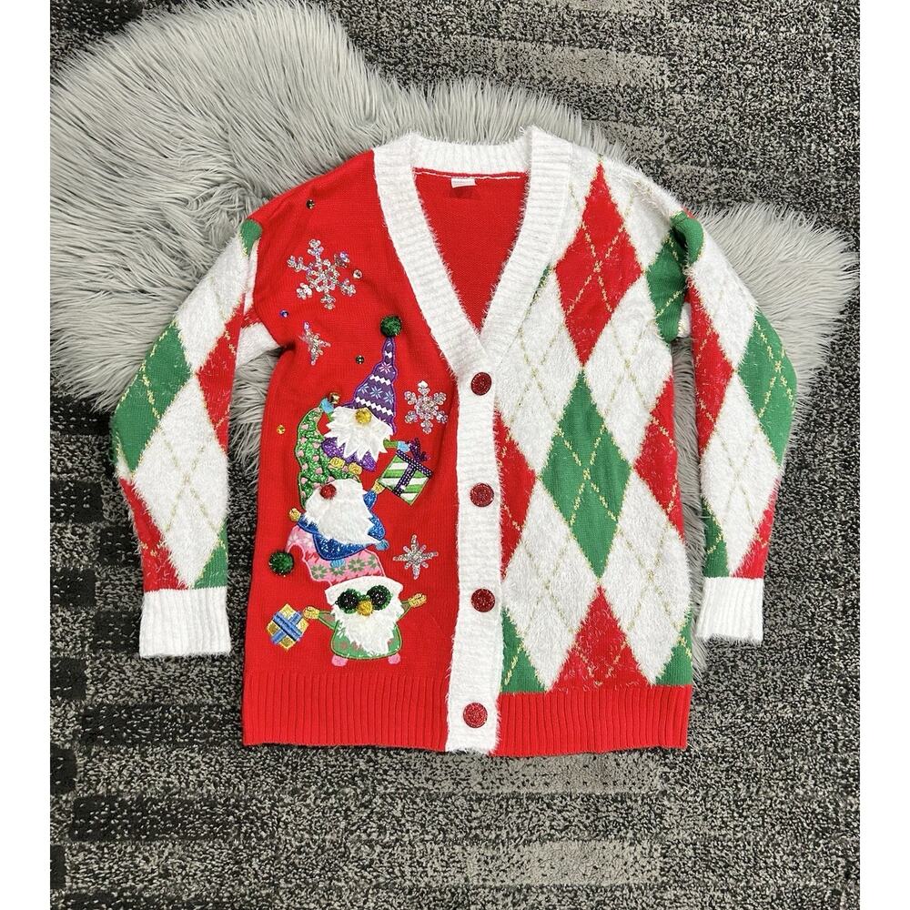 Holiday Time Gnomies‎ Embellished Cardigan Ugly Christmas Sweater, Women's Small